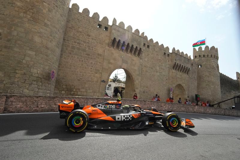 McLaren driver Lando Norris of Britain in action during a Formula One Grand Prix practice in Baku, Azerbaijan, on Friday, Sept. 13, 2024. (AP Photo/Sergei Grits)