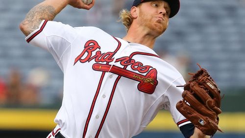 Braves pitcher Mike Foltynewicz delivers a pitch against the Giants during the first inning in a baseball game on Monday, August 3, 2015, in Atlanta. Curtis Compton / ccompton@ajc.com