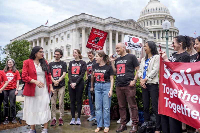 Rep. Rashida Tlaib, D-Mich., and union activists discuss free speech on college campuses, at the Capitol in Washington, Thursday, May 23, 2024. (AP Photo/J. Scott Applewhite)