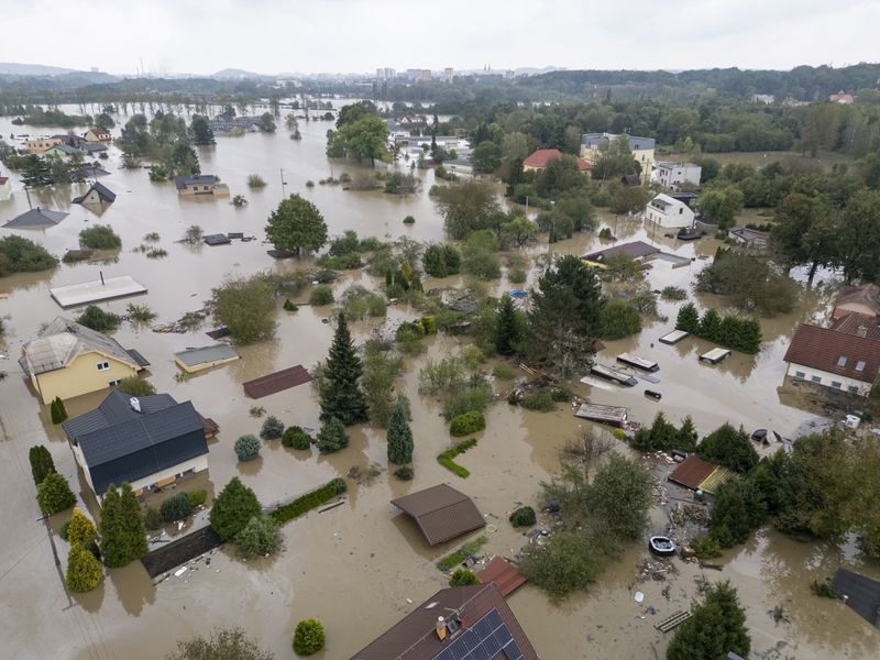 An aerial view of a flooded neighbourhood in Ostrava, Czech Republic, Monday, Sept. 16, 2024. (AP Photo/Darko Bandic)