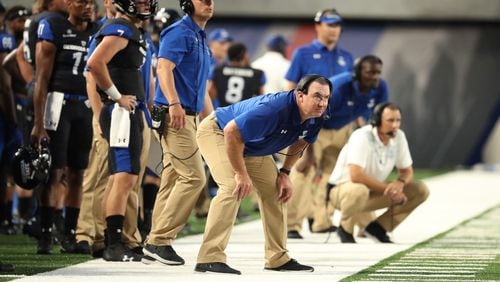 Georgia State Panthers head coach Shawn Elliott watches a field goal attempt in the first half against Tennessee State Tigers at Georgia State Stadium Thursday in Atlanta, Ga., August 31, 2017. PHOTO / JASON GETZ
