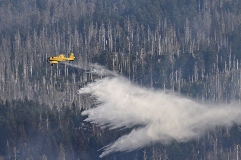 A fire-fighting aircraft is in action at a forest fire on the Königsberg below the Brocken in the Harz Mountains, Germany, Sunday, Sept. 8, 2024. (Swen Pförtner/dpa via AP)