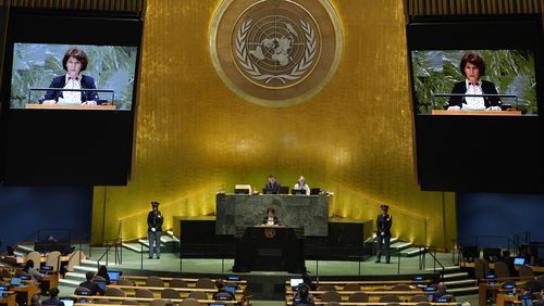 Gordana Siljanovska Davkova, President of North Macedonia, addresses the 79th session of the United Nations General Assembly, Thursday, Sept. 26, 2024, at U.N. headquarters. (AP Photo/Frank Franklin II)