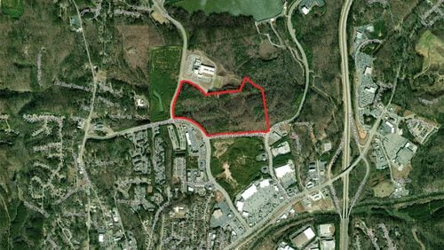Aerial photo depicts an 88-acre parcel being acquired by the Cherokee County School District, next to Teasley Middle School in the Riverstone area of Canton, for a possible new Cherokee High School.