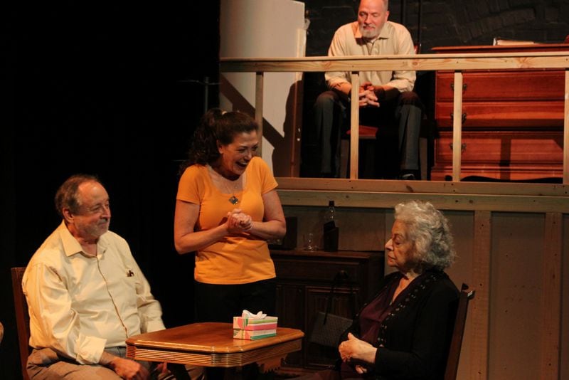 Bill Murphey (from left) as Bill Balzer and Wendy Melkonian as his wife Peg meet with Susan Shalhoub Larkin, playing Bill's mother. Meanwhile, the narrator (Matthew Myers) looks on.