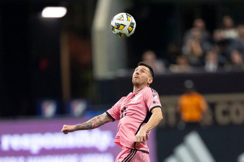 Inter Miami forward Lionel Messi controls the ball during the second half of a MLS soccer match against Atlanta United Wednesday, Sept. 18, 2024. (AP Photo/John Bazemore)