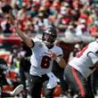 Tampa Bay Buccaneers quarterback Baker Mayfield throws the ball in the second quarter against the Philadelphia Eagles on Sunday, Sept. 29, 2024, at Raymond James Stadium in Tampa, Florida. (Yong Kim/The Philadelphia Inquirer/TNS)