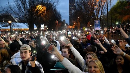 Georgia Tech fans cheer as they wait for Ludacris’s performance during Block Party prior to an NCAA college football game between Georgia Tech and Georgia at Georgia Tech's Bobby Dodd Stadium, Saturday, November 25, 2023, in Atlanta. (Hyosub Shin / Hyosub.Shin@ajc.com)