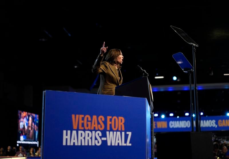 Democratic presidential nominee Vice President Kamala Harris speaks at a rally on Sunday, Sept. 29, 2024, in Las Vegas. (AP Photo/Carolyn Kaster)