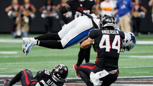 Falcons linebacker Troy Andersen (44) tackled Panthers wide receiver Terrace Marshall Jr. (88) during the first half in a season opener against the Carolina Panthers on Sunday, Sept. 10, 2023, at Mercedes-Benz Stadium in Atlanta. He'll have a tough assignment -- running back Saquon Barkley -- against the Eagles on Monday Night Football on Sept. 16, 2024. 
Miguel Martinz/miguel.martinezjimenez@ajc.com