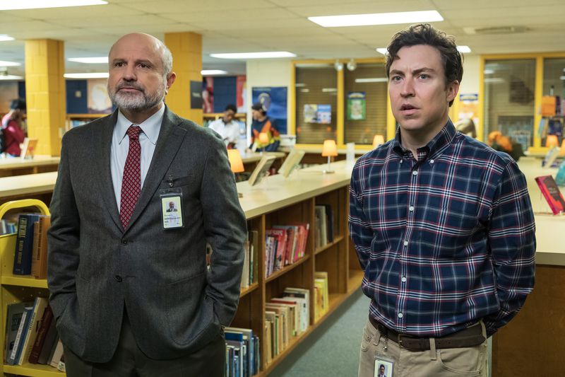 Enrico Colantoni as Principal Grant Moretti and Brian Jordan Alvarez as Evan Marquez in "English Teacher."  Steve Swisher/FX