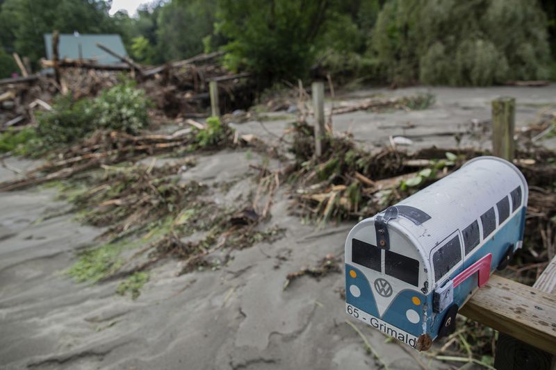 A house mailbox is seen in Plainfield of Vermont which was badly hit by the flash flood last night, destroying two bridges and plenty of private houses, Thursday, July 11 2024. (AP Photo/ Dmitry Belyakov)