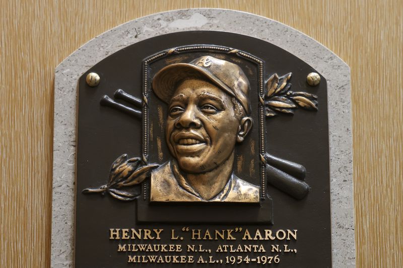 The plaque of Henry "Hank" Aaron, Atlanta Braves right fielder, is shown at the National Baseball Hall of Fame, Thursday, May 23, 2024, in Cooperstown, New York. Aaron was inducted into the hall in 1982. (Jason Getz / AJC)
