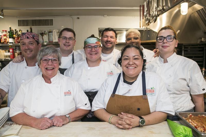 Chefs at the Georgia Grown dinner at the James Beard House in New York City gather for a photo: Greg Lipman (from left), Holly Chute, Thomas McKeown, Jessica Gamble, Julio Delgado, Christian Perez, Deborah VanTrece and Savannah Sasser. CONTRIBUTED BY RINA OH / JAMES BEARD FOUNDATION