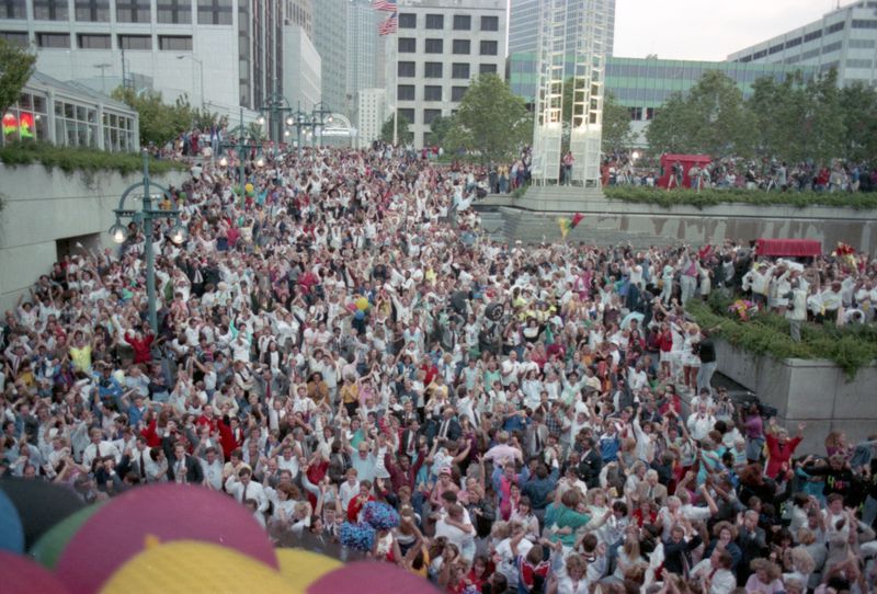 Crowds react to Atlanta being selected to host the 1996 Olympic Games during a live announcement in Underground Atlanta Tuesday, Sept. 18, 1990. 
MANDATORY CREDIT: DIANE LAAKSO / THE ATLANTA JOURNAL-CONSTITUTION
