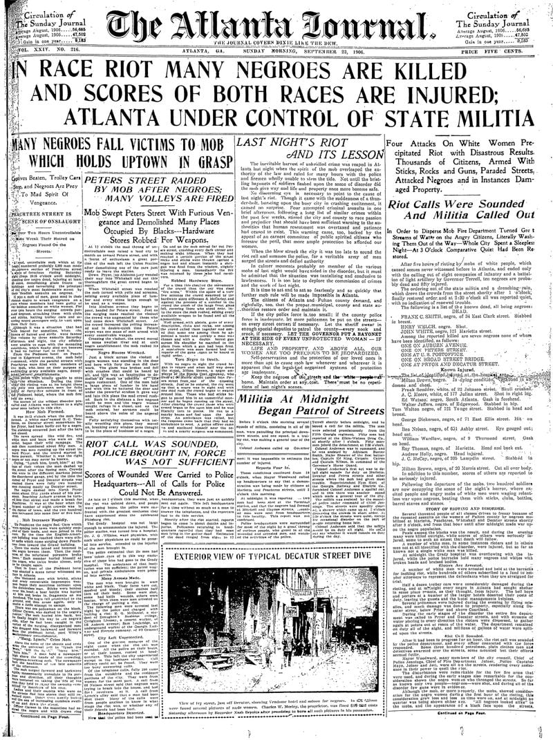 The front page of The Atlanta Journal's edition for Sept. 23, 1906, was filled with news of the previous night's deadly riots aimed at Black people.