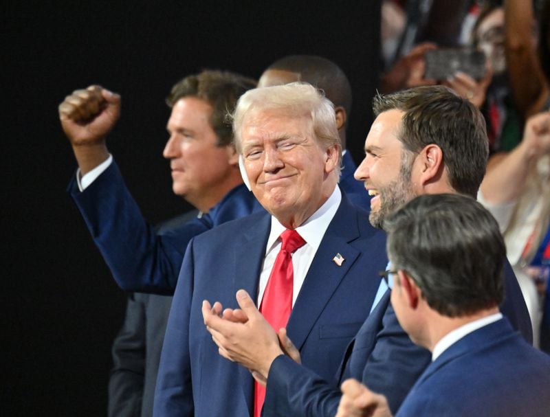 Former President Donald Trump (left) and U.S. Sen. JD Vance, R-Ohio, appear Monday at the Republican National Convention in Milwaukee.