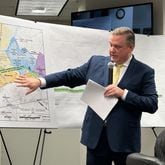 Greg Teague, the CEO of Croy Engineering, points to a map of the proposed Hanson Spur that the Sandersville Railroad Company is seeking to build, at a hearing at the Georgia Public Service Commission. (Drew Kann/The Atlanta Journal-Constitution/TNS)