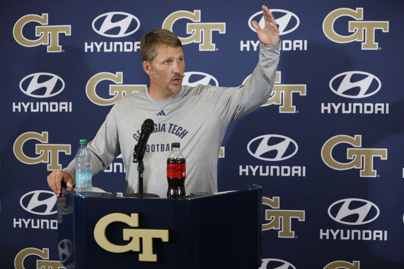 Georgia Tech offensive coordinator Buster Faulkner speaks at Bobby Dodd Stadium on Thursday, July 25, 2024, in Atlanta. 
(Miguel Martinez / AJC)