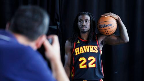 Hawks guard Keaton Wallace (22) poses for USA Today photographer Dale Zanine during the Hawks Media Day on Monday, October 2, 2023, in Atlanta.
Miguel Martinez /miguel.martinezjimenez@ajc.com