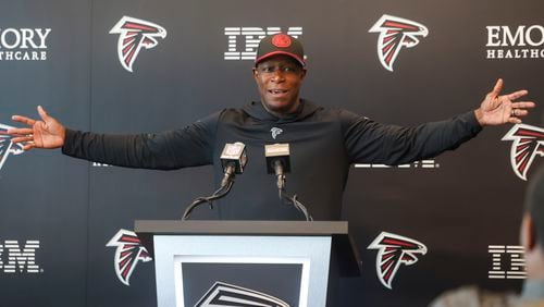 Atlanta Falcons coach Raheem Morris talks about defensive backs wing span as he speaks with members of the media during the Atlanta Falcons Rookie Minicamp at the Atlanta Falcons Training Camp, Friday, May 10, 2024, in Flowery Branch, Ga. (Jason Getz / AJC)