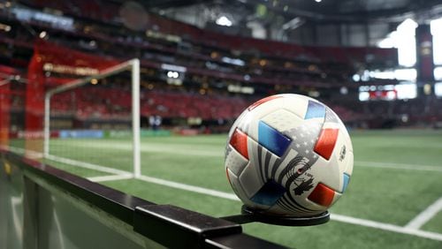 A soccer ball is shown  before the match between Atlanta United and Columbus Crew on Mercedes-Benz Stadium's artificial turf July 24, 2021, in Atlanta. (Jason Getz for The Atlanta Journal-Constitution)