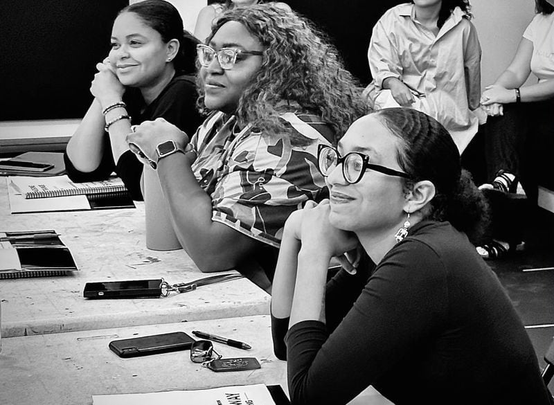 From left, cast members India Tyree, Candy McClellan and Arianna Hardaway watch a rehearsal for “Passing Strange.” Photo: Courtesy of Theatrical Outfit