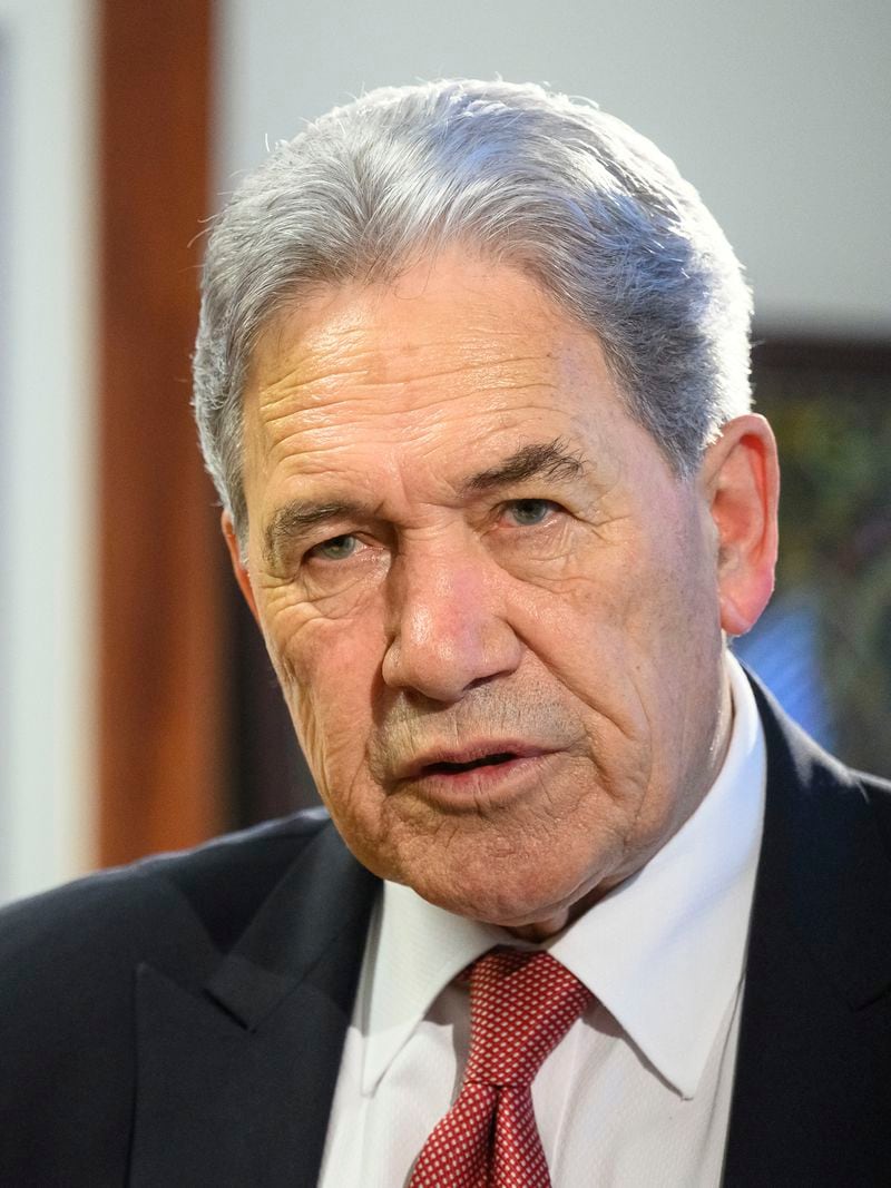 New Zealand Foreign Minister Winston Peters comments during an interview with The Associated Press in his parliamentary office in the capital, Wellington, Thursday, Aug. 22, 2024. (AP Photo/Mark Tantrum)