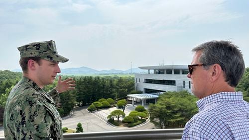 Gov. Brian Kemp, right, visited the Demilitarized Zone separating the Korean Peninsula this week as part of his 10-day trip to South Korea. Kemp allies hope the trip to South Korea, along with recent overseas visits to Israel and Davos, Switzerland, can help round out a foreign-policy weak spot on his resume if he chooses to either run for the U.S. Senate in 2026 or the presidency in 2028. File.