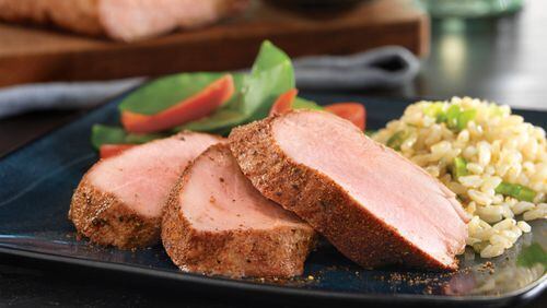 Sunday’s Pork Tenderloin With Asian Dry Rub is served with brown rice. CREDIT: National Pork Board, PorkBeInspired.com