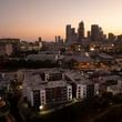 An aerial view shows Hillside Villa, bottom center, an apartment complex where Marina Maalouf is a longtime tenant, in Los Angeles, Tuesday, Oct. 1, 2024. (AP Photo/Jae C. Hong)