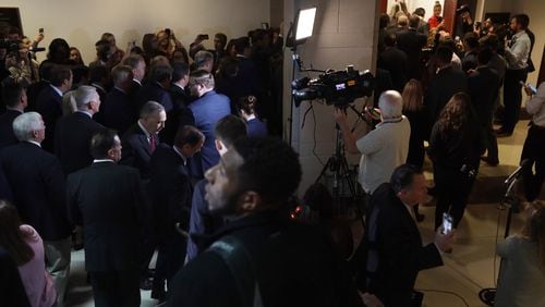 About two dozen House Republicans enter a sensitive compartmented information facility (SCIF) in the U.S. Capitol on Oct. 23, 2019 . (Photo by Alex Wong/Getty Images)