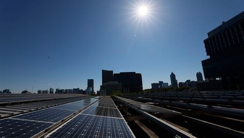 Solar panels are seen on the roof of the Strategic Energy Institute at Georgia Tech on Thursday, April 4.  (Miguel Martinez/AJC 2024)