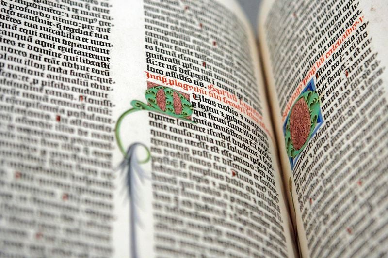 FILE - A detail of the Old Testament from the Gutenberg Bible on display at the personal library of Pierpont Morgan, the Morgan Library and Museum, in New York, May 19, 2008. Three times per year, a library curator turns the page. (AP Photo/Mary Altaffer, File)