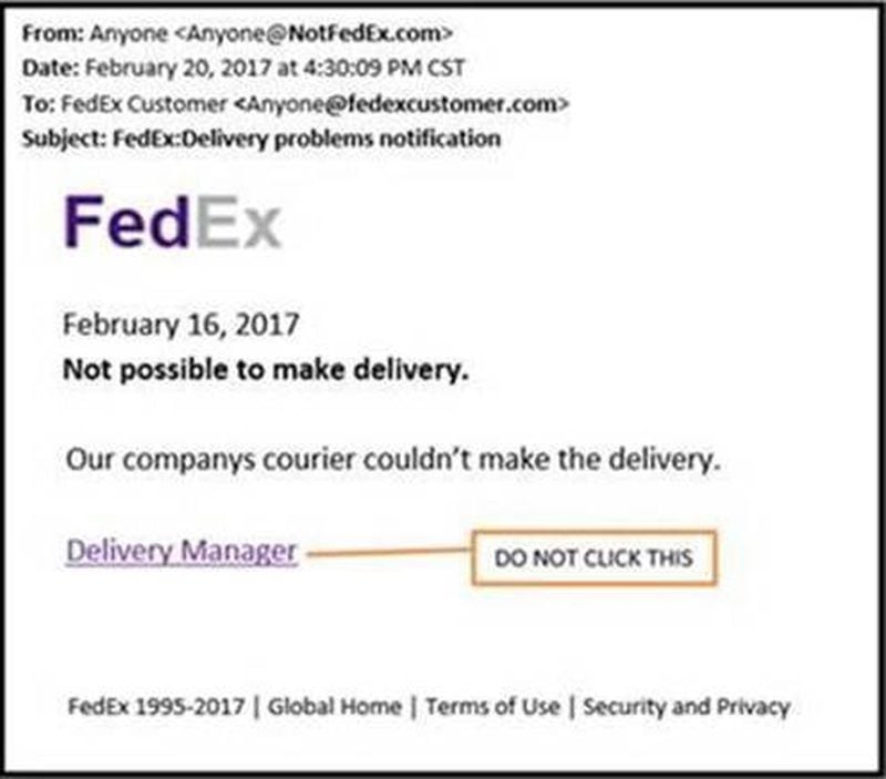 A sample fraudulent email from FedEx. FedEx, UPS and US Postal Service email scams are popping up for some customers.