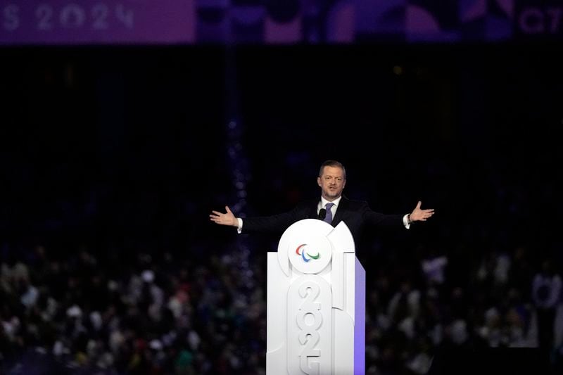 President of the International Paralympic Committee Andrew Parsons delivers a speech during the closing ceremony of the 2024 Paralympics, Sunday, Sept. 8, 2024, in Paris, France. (AP Photo/Michel Euler)