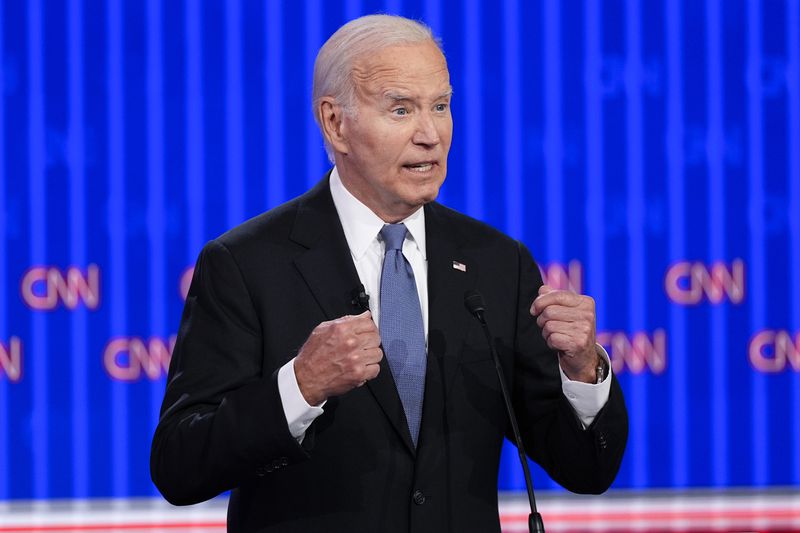FILE - President Joe Biden speaks during a presidential debate with Republican presidential candidate former President Donald Trump, June 27, 2024, in Atlanta. The age question for presidential candidates is more than four decades old. (AP Photo/Gerald Herbert)