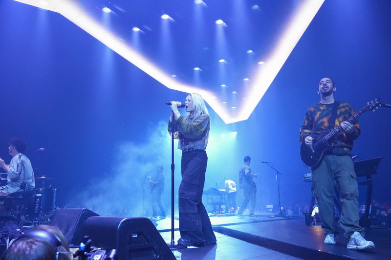 Colin Brittain, from left, Emily Armstrong, and Mike Shinoda of Linkin Park performs Thursday, Sept. 5, 2024, in Los Angeles. It was announced on Thursday that Dead Sara's Emily Armstrong would join as the band's new co-singer and songwriter/producer Colin Brittain would join on drums. Linkin Park will release the album "From Zero" on Nov. 15, marking their first new record since former frontman Chester Bennington died in 2017. (Photo by Jordan Strauss/Invision/AP