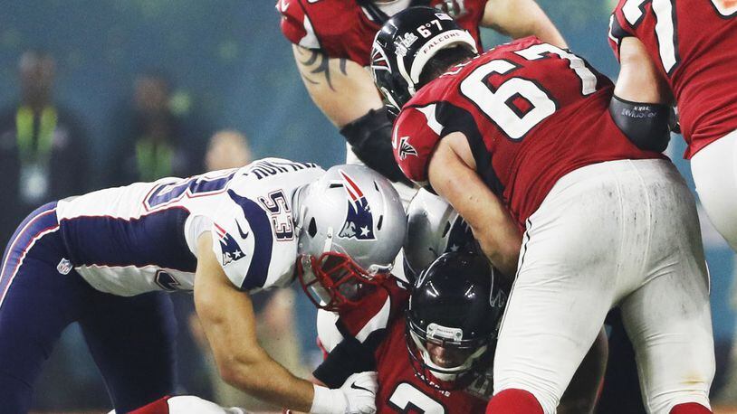 Atlanta Falcons offensive tackle Jake Matthews (70) lines up during the  first half of an NFL football game against the Tampa Bay Buccaneers,  Sunday, Jan. 8, 2023, in Atlanta. The Atlanta Falcons