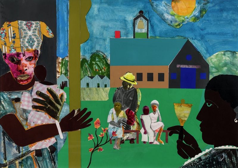 “Profile/Part I, The Twenties, Mecklenberg County, School Bell Time” (1978), collage on board by Romare Bearden. © Romare Bearden Foundation/VAGA at Artists Rights Society (ARS), New York. Photo by Paul Takeuchi.