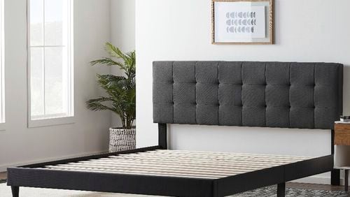 This photo provided by the Consumer Product Safety Commission shows a Lucid Platform Bed with an upholstered square tufted headboard that is being recalled across the U.S. and Canada, Thursday, Sept. 19, 2024, because they can break during use. (Consumer Product Safety Commission via AP)