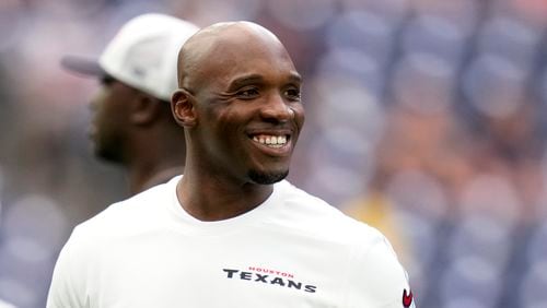 Houston Texans head coach DeMeco Ryans watches warmups before a preseason NFL football game against the New York Giants, Saturday, Aug. 17, 2024, in Houston. (AP Photo/Eric Christian Smith)