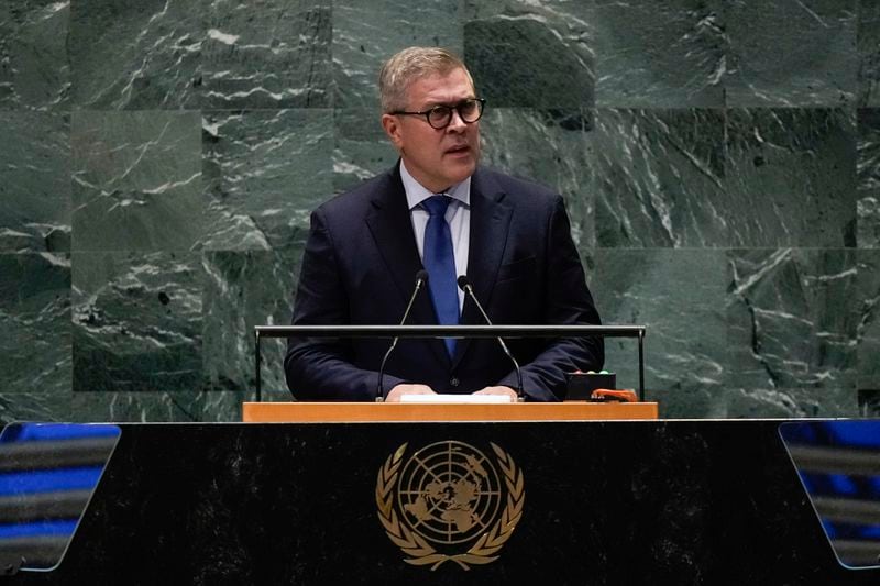 Prime Minister of Iceland Bjarni Benediktsson speaks to the United Nations General Assembly during Summit of the Future, Sunday, Sept. 22, 2024 at U.N. headquarters. (AP Photo/Frank Franklin II)