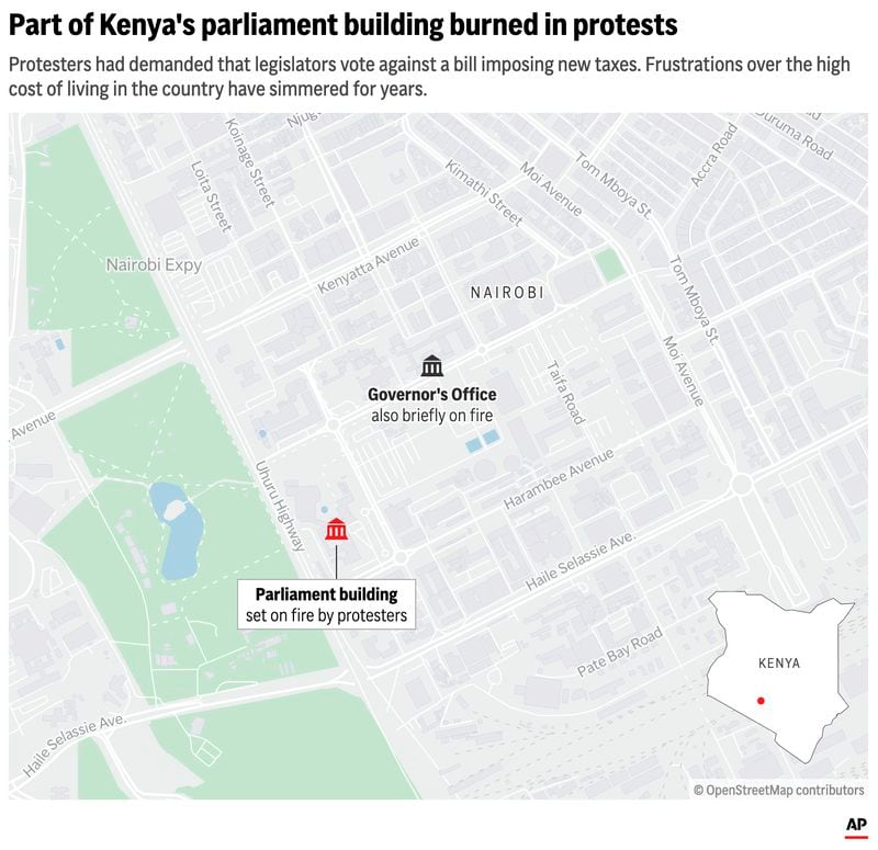 The map above locates the parliament building in Nairobi, Kenya, where protesters had partially set fire to the building. (AP Digital Embed)
