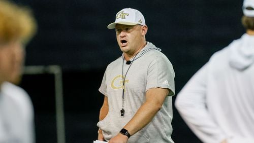 Georgia Tech head coach Brent Key yells directions during the second day of football practice at the Brock Indoor Practice Facility on Thursday, July 25, 2024, in Atlanta.(Miguel Martinez / AJC)