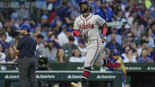 Atlanta Braves' Michael Harris II runs the bases after hitting a home run against the Chicago Cubs during the fourth inning of a baseball game Tuesday, May 21, 2024, in Chicago. (AP Photo/Erin Hooley)