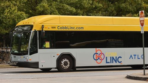 A CobbLinc transit bus exits the Marietta Transit Center on Sept. 23. (Natrice Miller/The Atlanta Journal-Constitution)