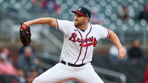 Atlanta Braves relief pitcher Dylan Lee delivers to a Miami Marlins batter during the sixth inning against the Miami Marlins at Truist Park, Thursday, April 27, 2023, in Atlanta. The Braves lost to the Marlins 5-4. Jason Getz / Jason.Getz@ajc.com)