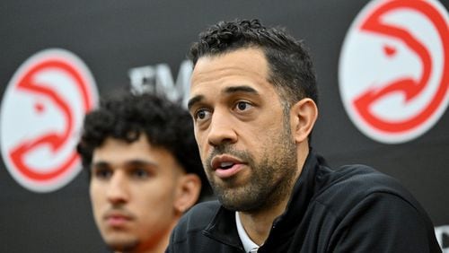 Atlanta Hawks General Manager Landry Fields speaks during a press conference at Emory Sports Medicine Complex, Friday, June 28, 2024, in Brookhaven. Atlanta Hawks General Manager Landry Fields introduced 2024 NBA Draft selections Zaccharie Risacher (first overall pick) and Nikola Djurisic (43th overall pick) during a press conference.(Hyosub Shin / Hyosub.Shin@ajc.com)