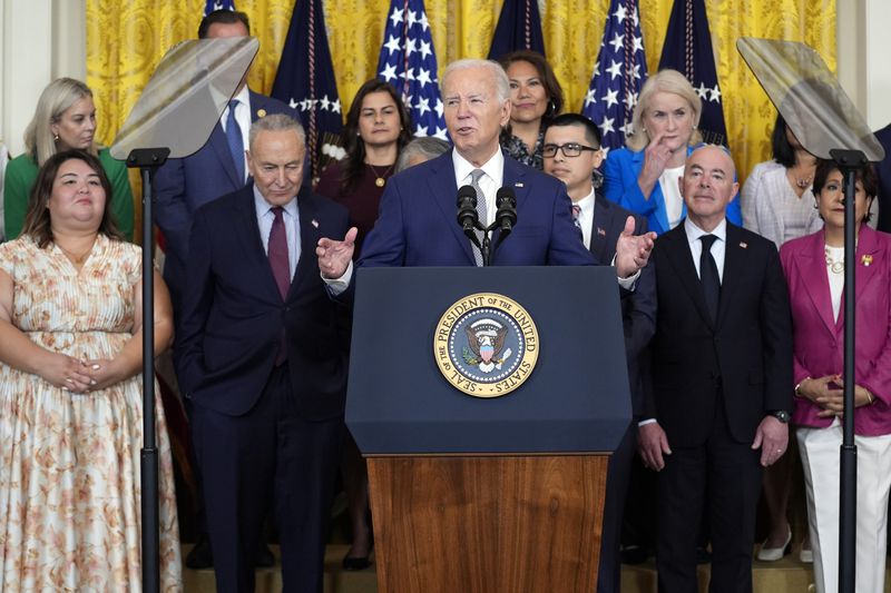 President Joe Biden speaks during an event marking the 12th anniversary of the Deferred Action of Childhood Arrivals program, in the East Room of the White House, Tuesday, June 18, 2024, in Washington. (AP Photo/Evan Vucci)